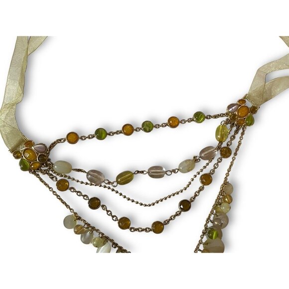 Gold Tone Amber & Green Mother Of Pearl Shell Layered Ribbon Necklace Versona - Picture 3 of 5